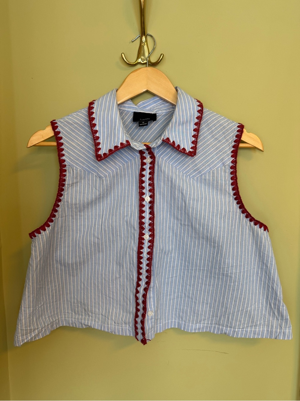 Sleeveless Blue Pinstripe Cropped Button-Up with Red Trim - Cropped